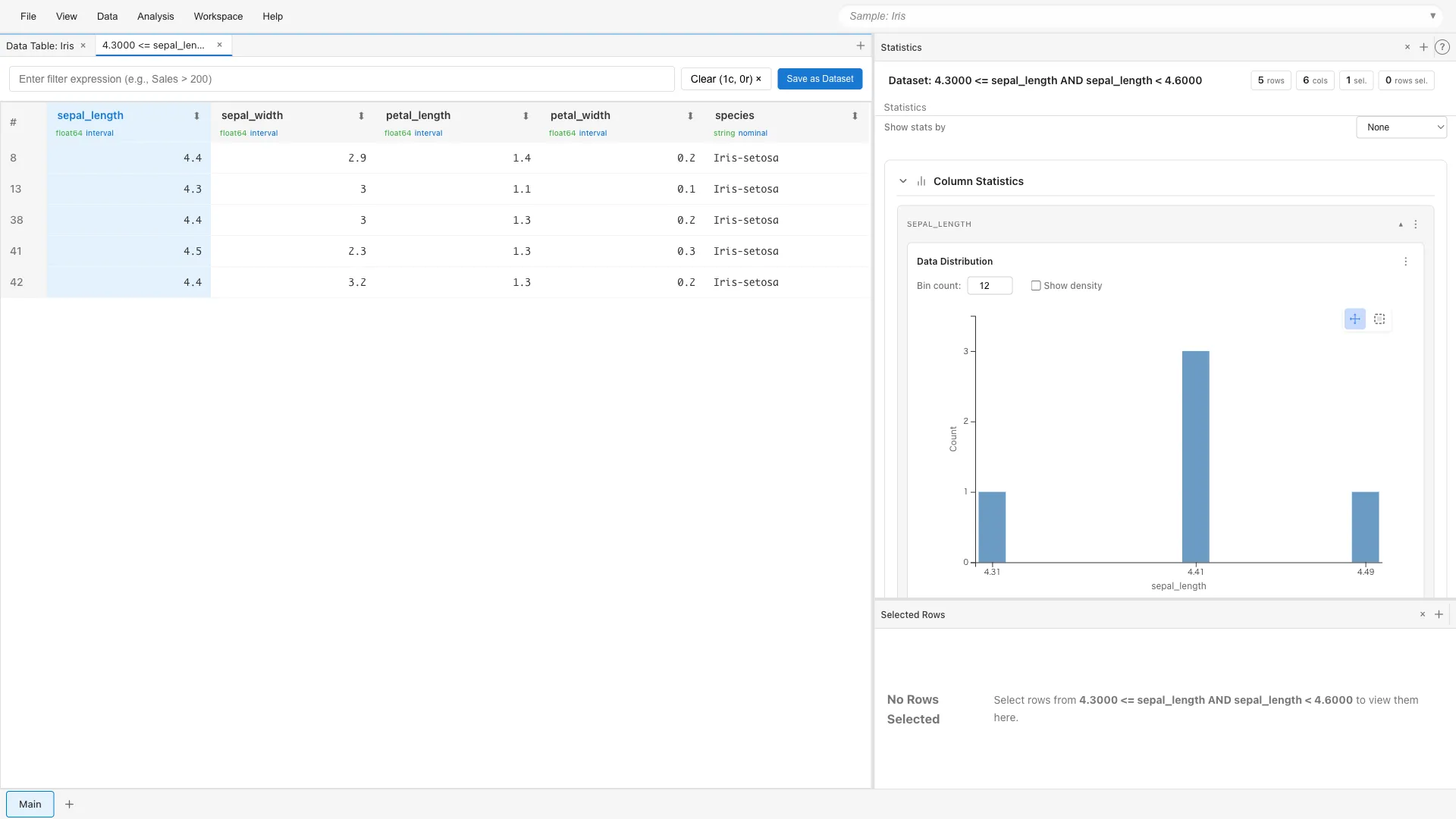 FilteredData tab opened by double-clicking a histogram bin