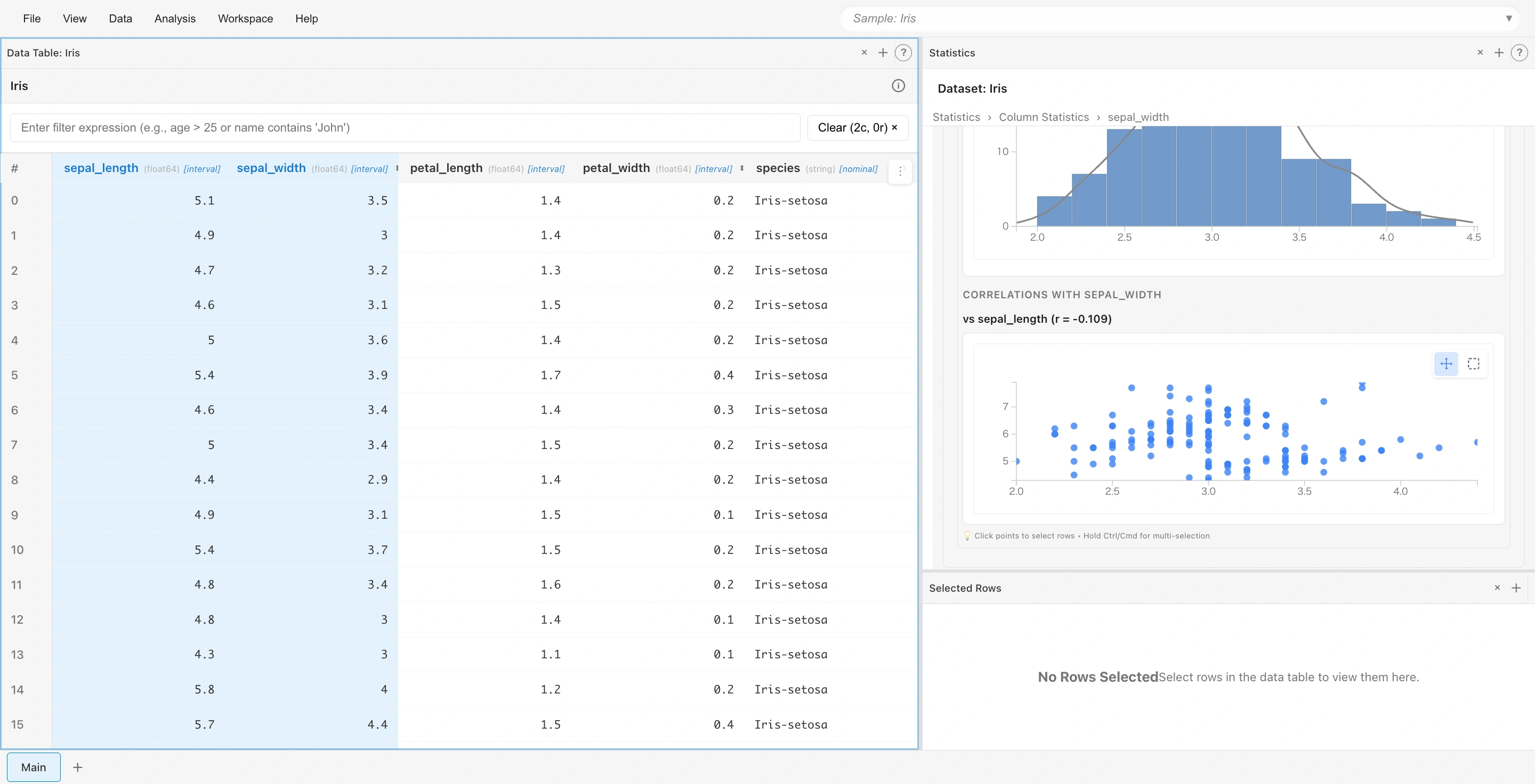Auto-generated scatter plot in Statistics tab: visualizing correlation between sepal_length and sepal_width, with correlation coefficient
