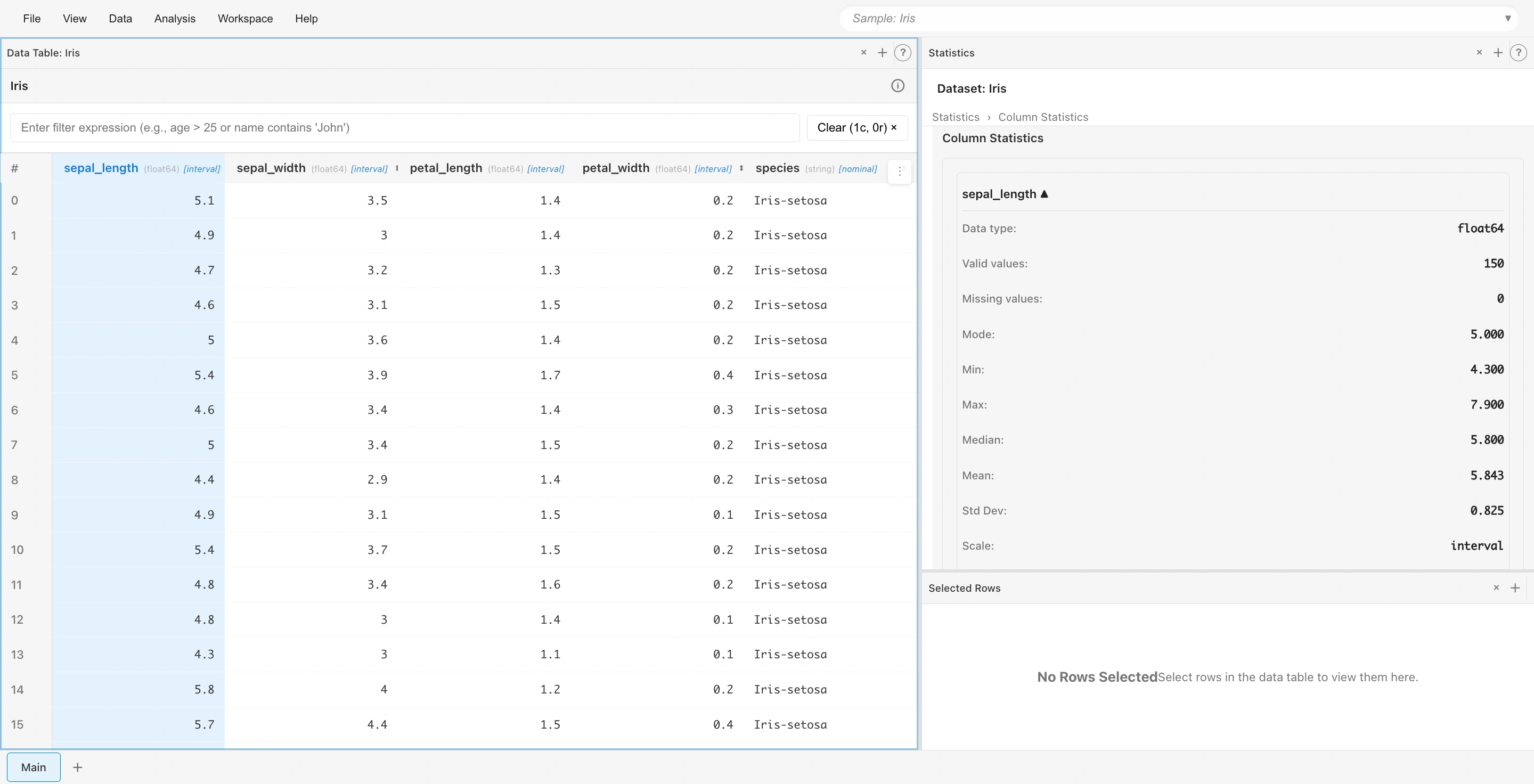 Basic statistics for sepal_length column in Statistics tab: numerical summary including mean, median, standard deviation