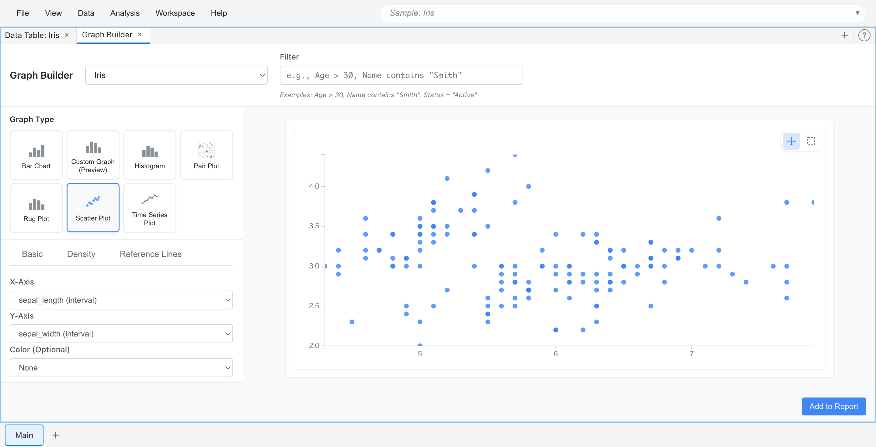 MIDAS Scatter Plot: places two numeric variables on X and Y axes, displaying each data point as a dot. Used for discovering correlations and patterns