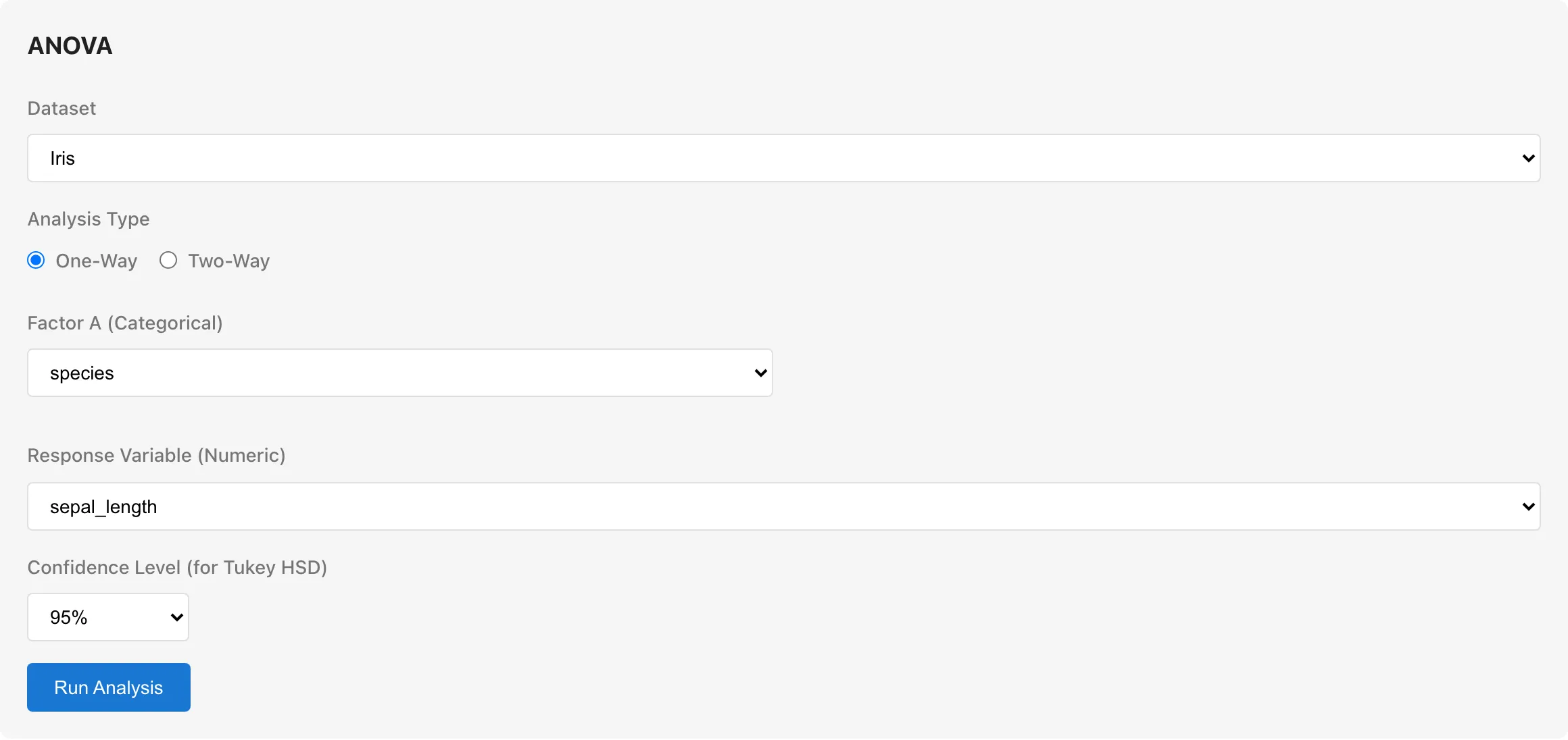 一元配置 ANOVA の設定画面。Iris データセットで species x sepal_length を設定した例