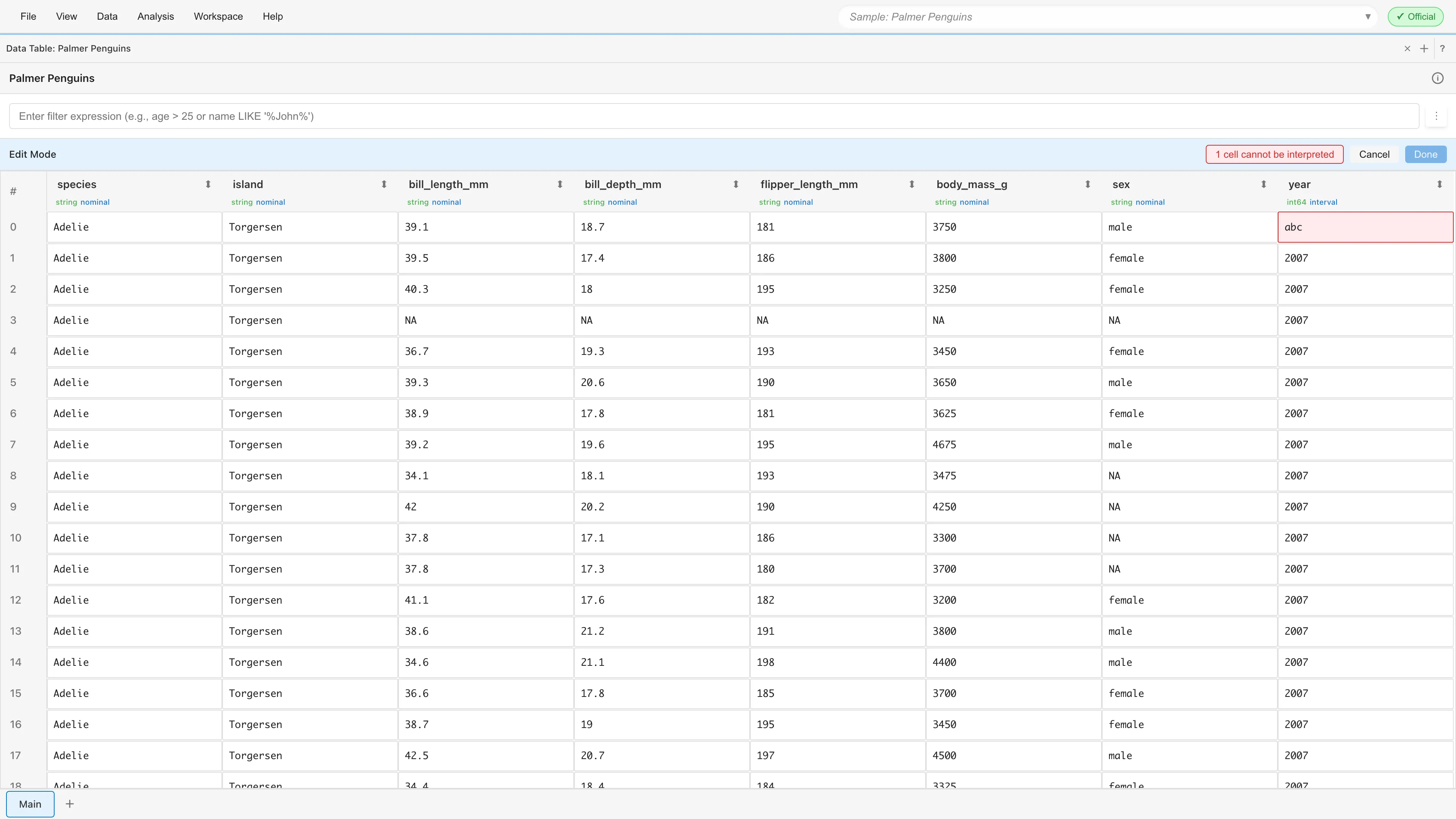 Data Table tab in Edit Mode