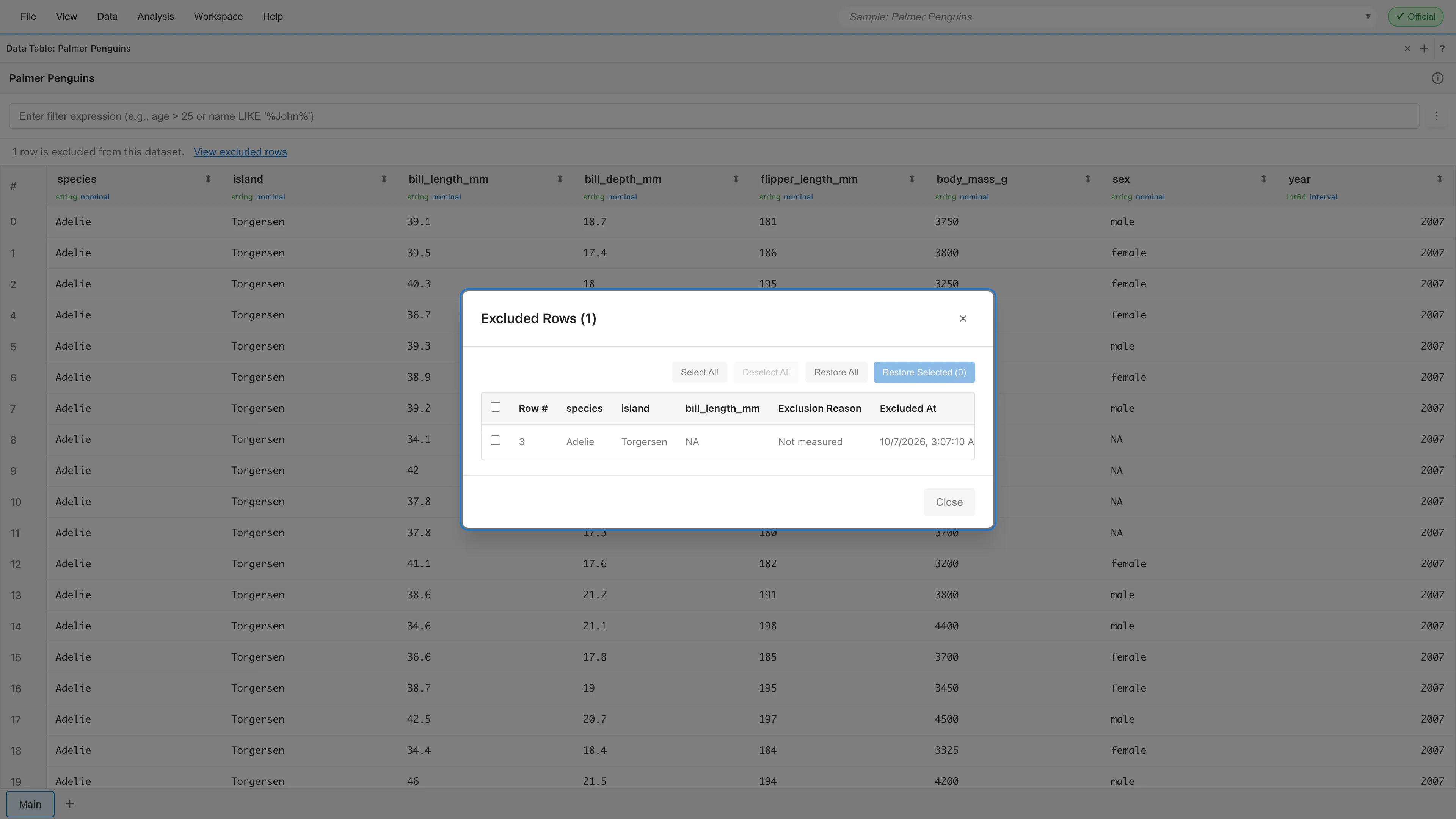 Data Table tab with the list of excluded rows open