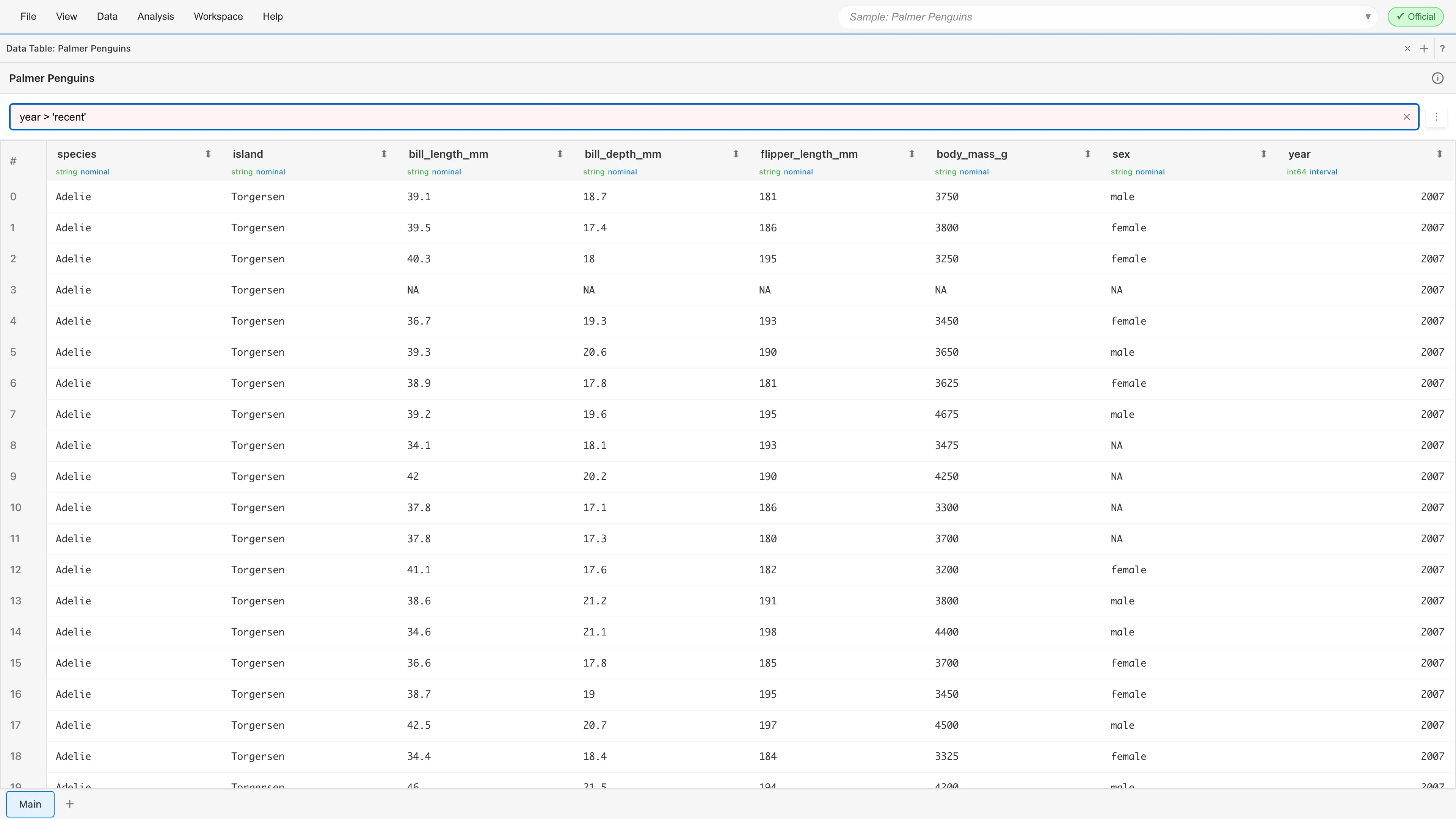 Data Table tab with an expression whose value does not match the column type