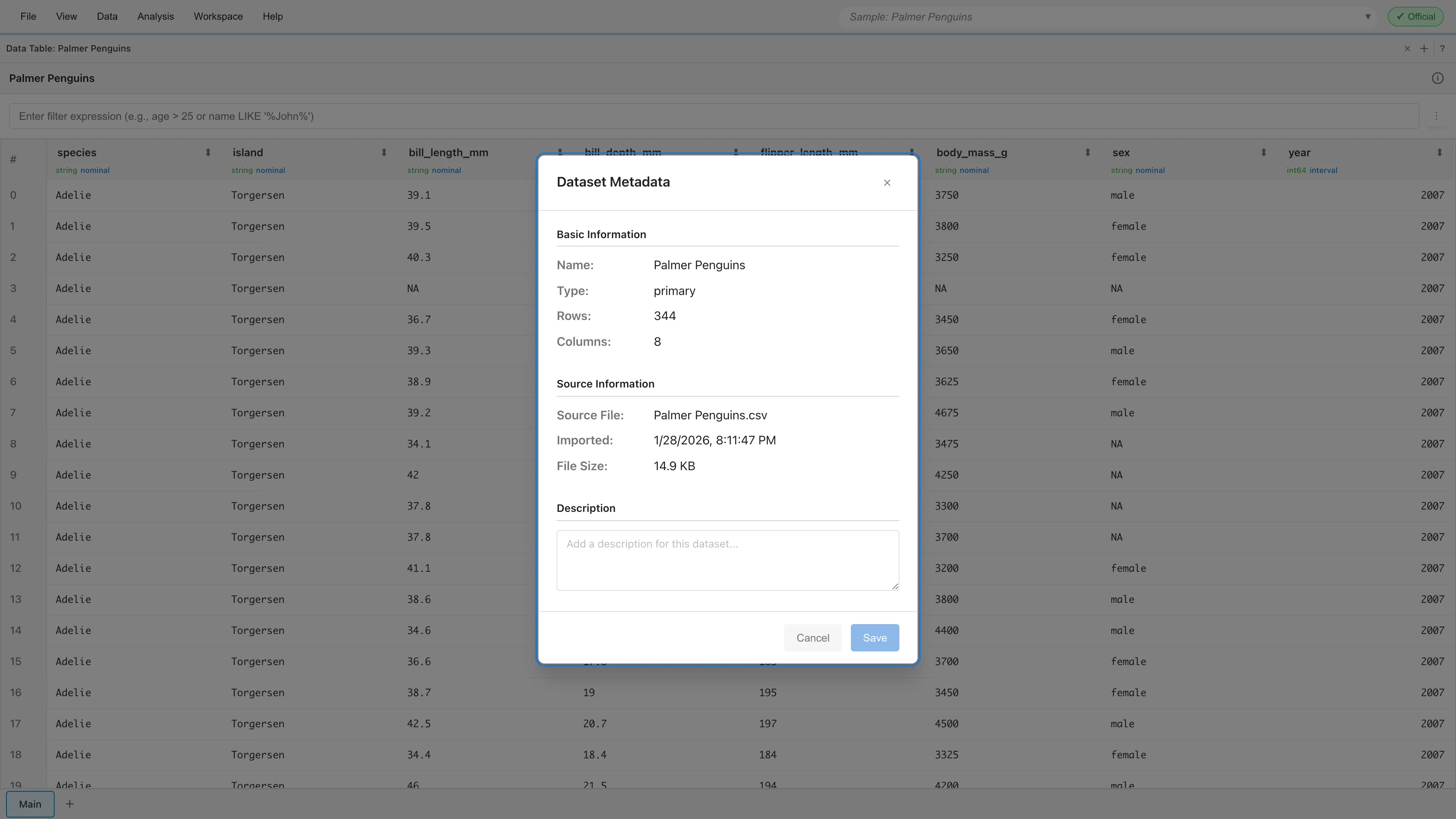 Dataset Metadata dialog of a Primary Dataset