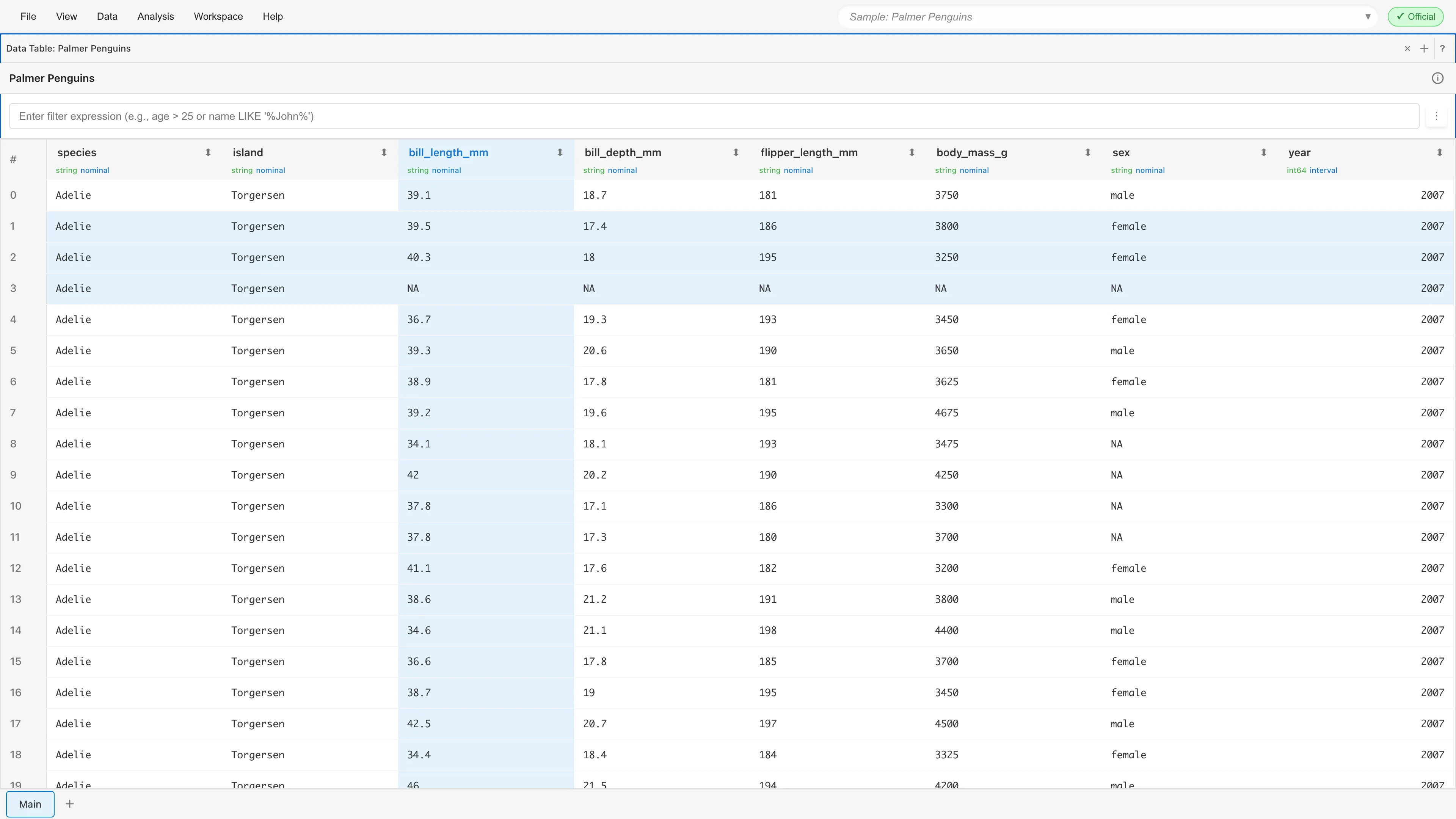 Data Table tab with rows and a column selected