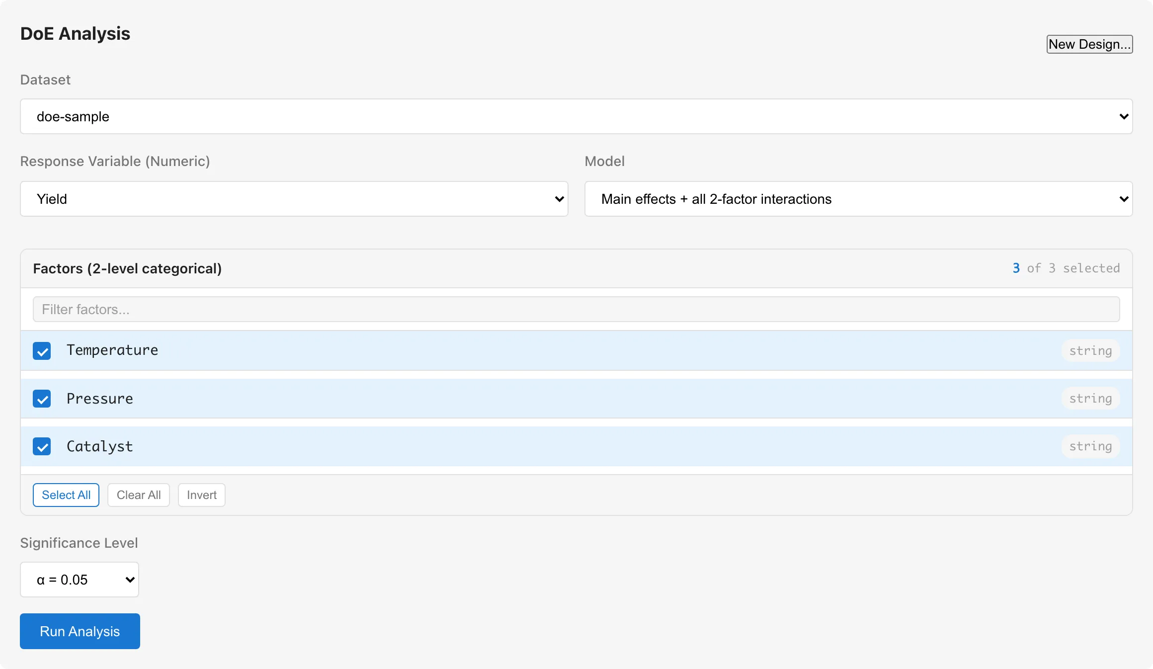 DoE 設定画面。3因子を選択し、全2因子交互作用モデルを設定した状態