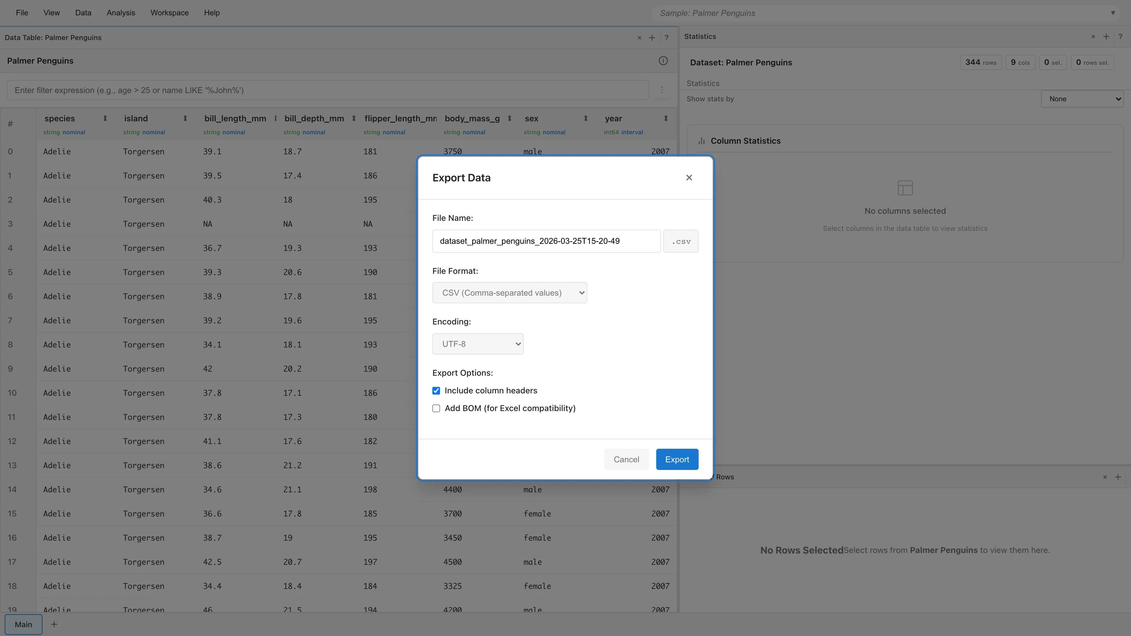 Export Data dialog