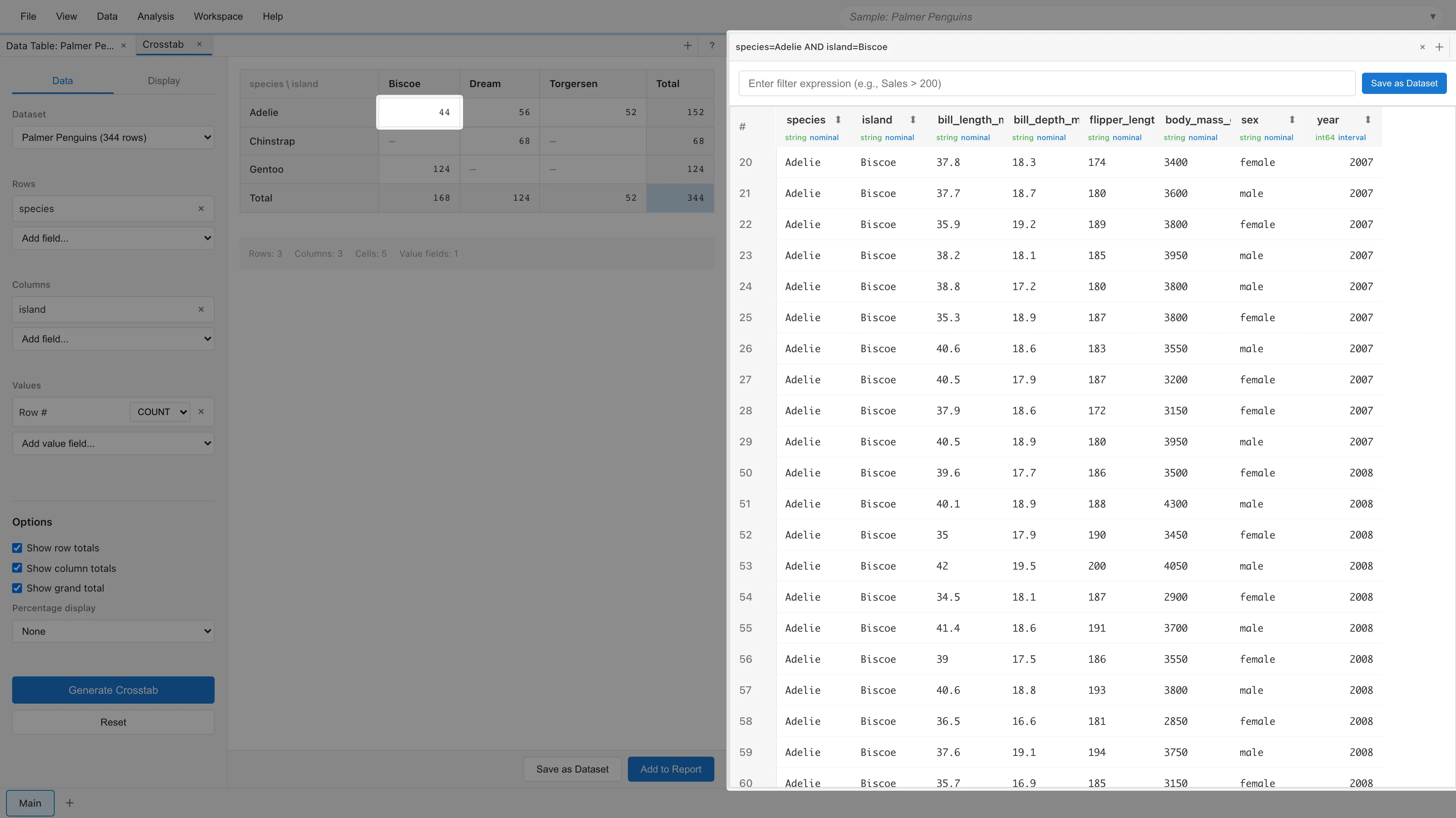 Filtered Data tab opened by double-clicking a Crosstab cell