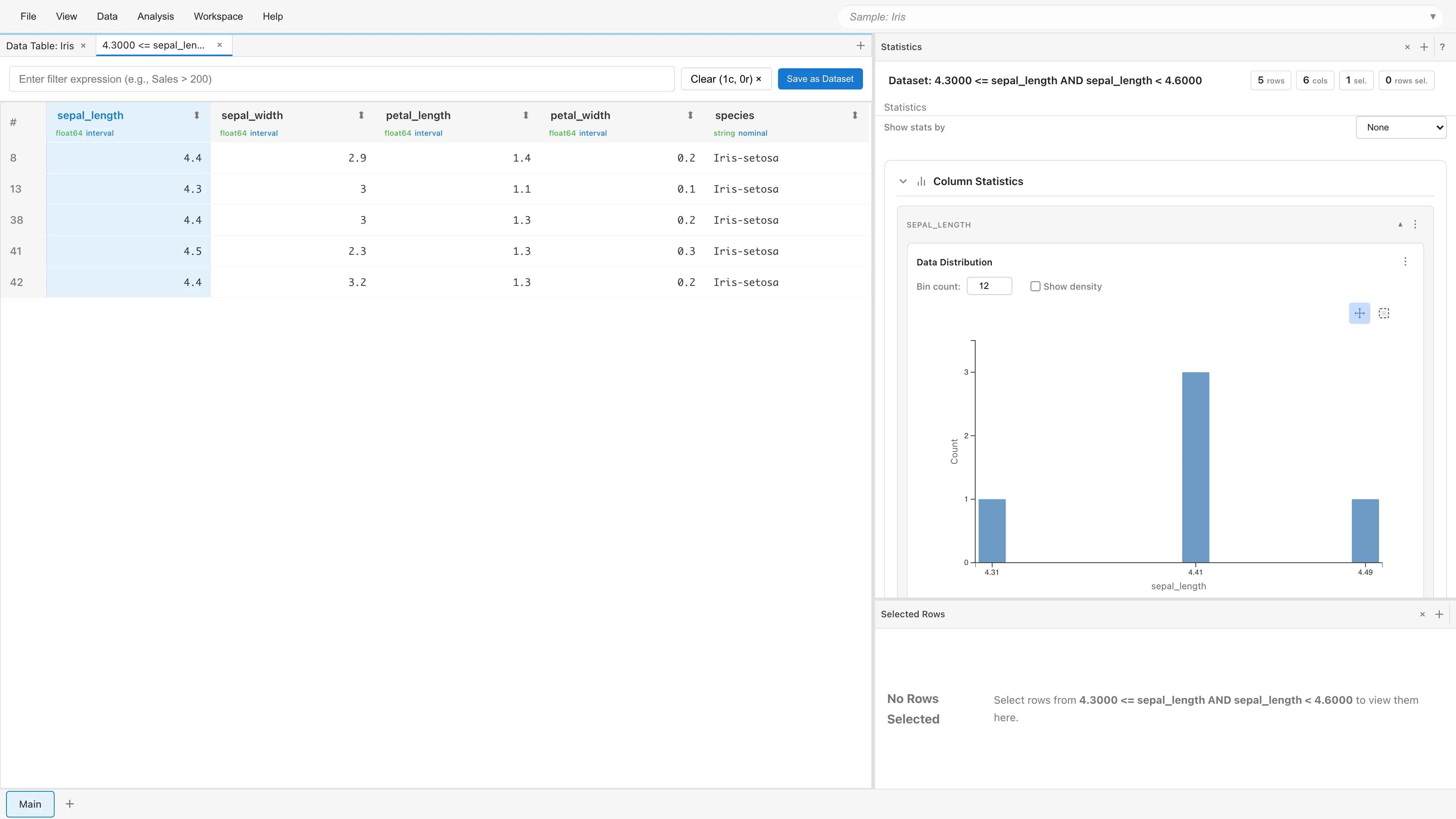 ダブルクリックによる FilteredData タブの表示