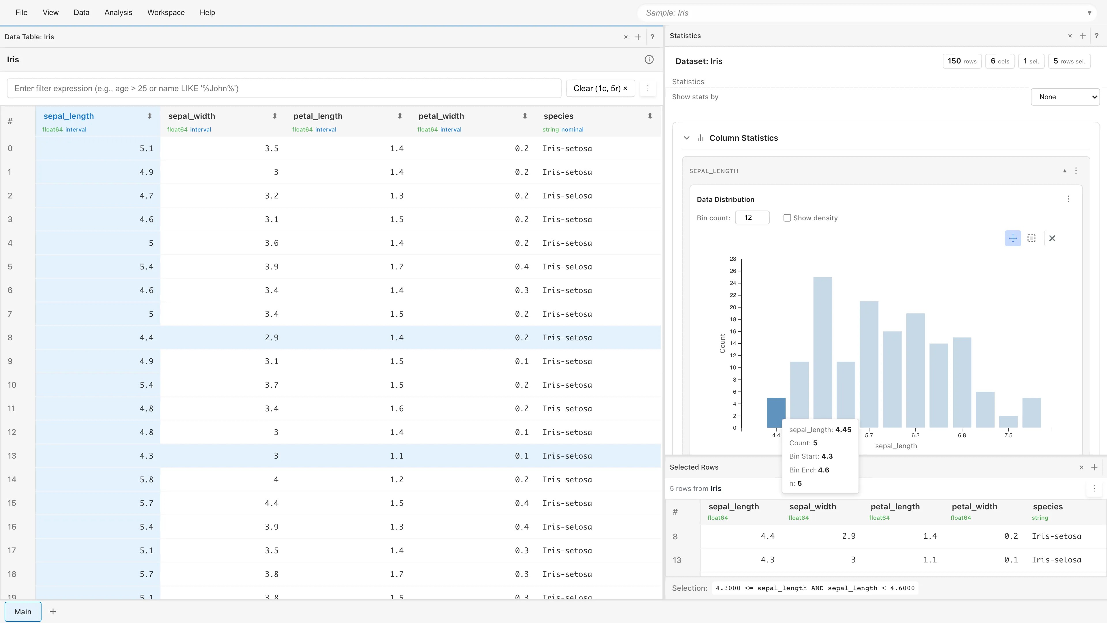 Selected Rows タブに表示された選択行の詳細：ヒストグラムで選択した範囲の行データが表形式で表示