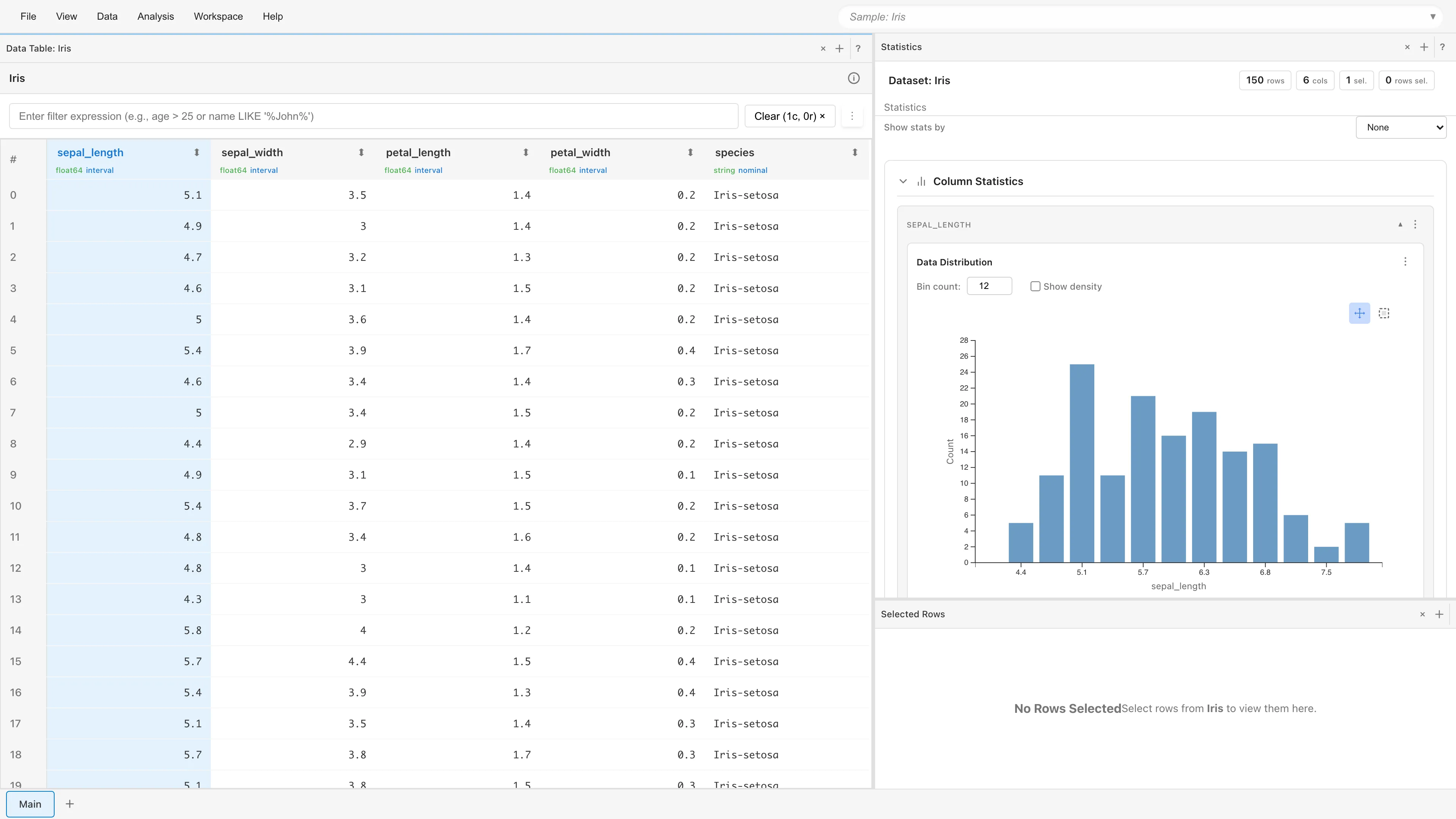 Statistics タブに表示された sepal_length 列の統計量：ヒストグラム、Moments、Spread、Quantiles