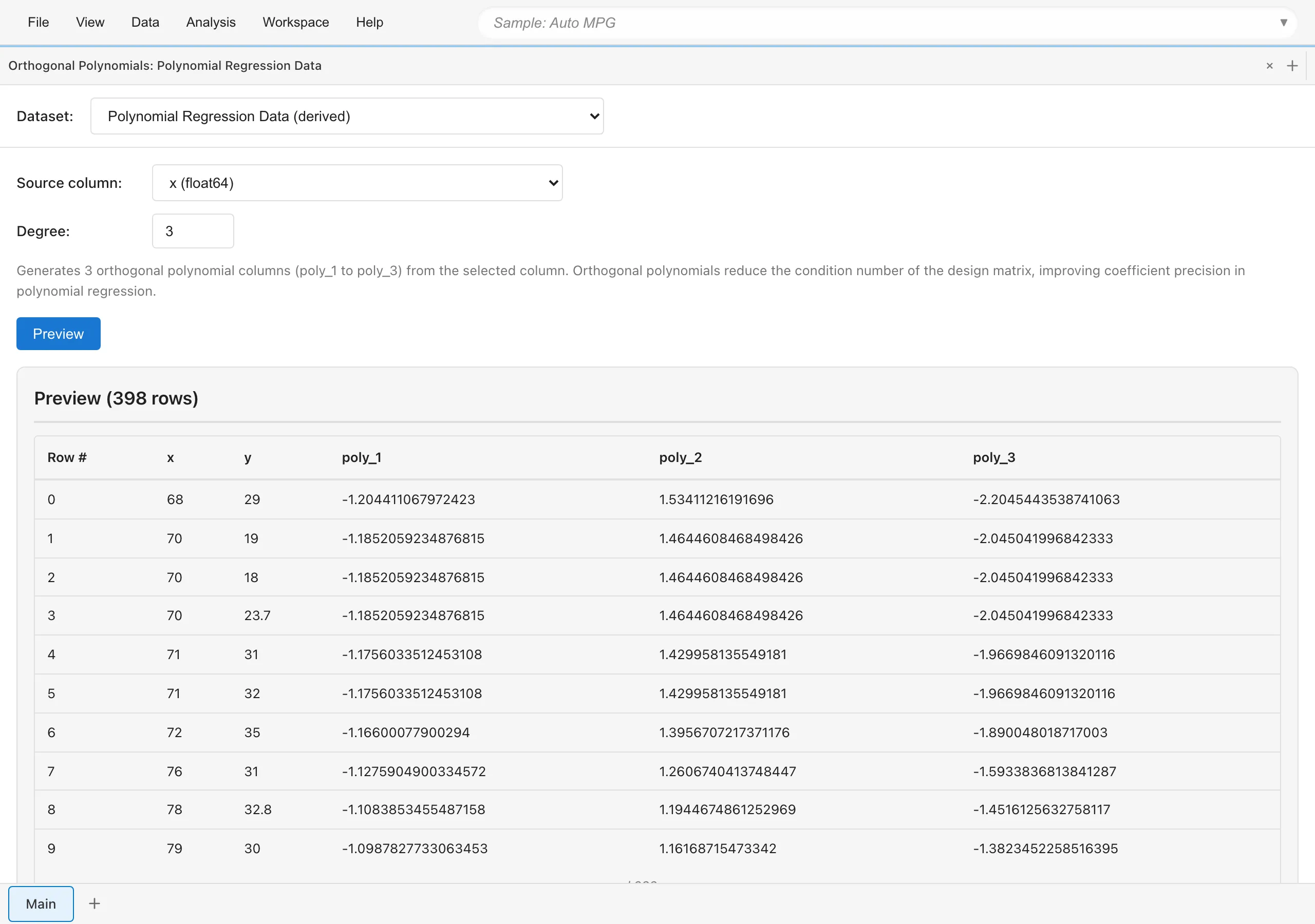 Orthogonal Polynomials タブで x 列から 3 次の直交多項式を生成した例