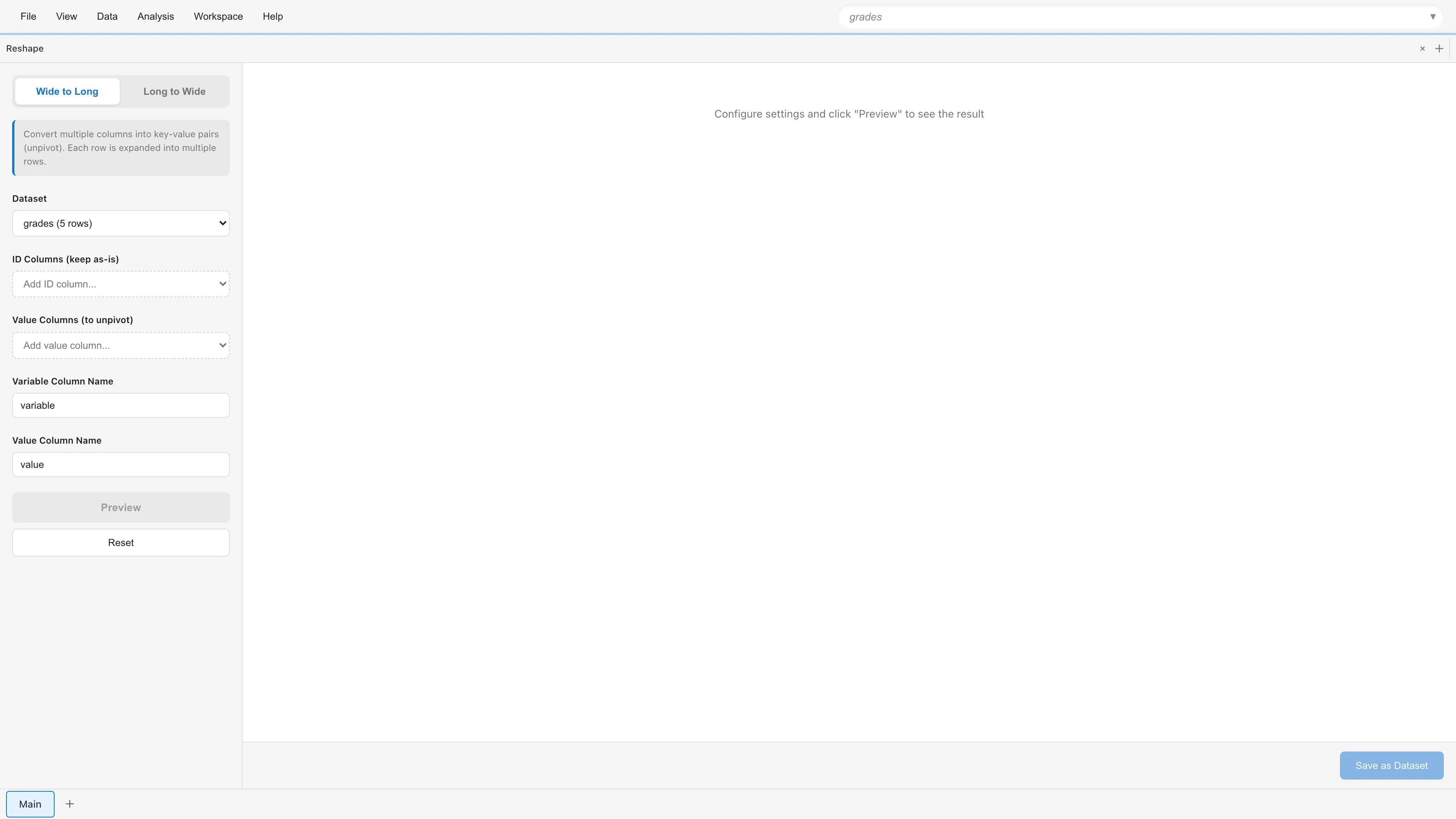 Reshape tab basic view