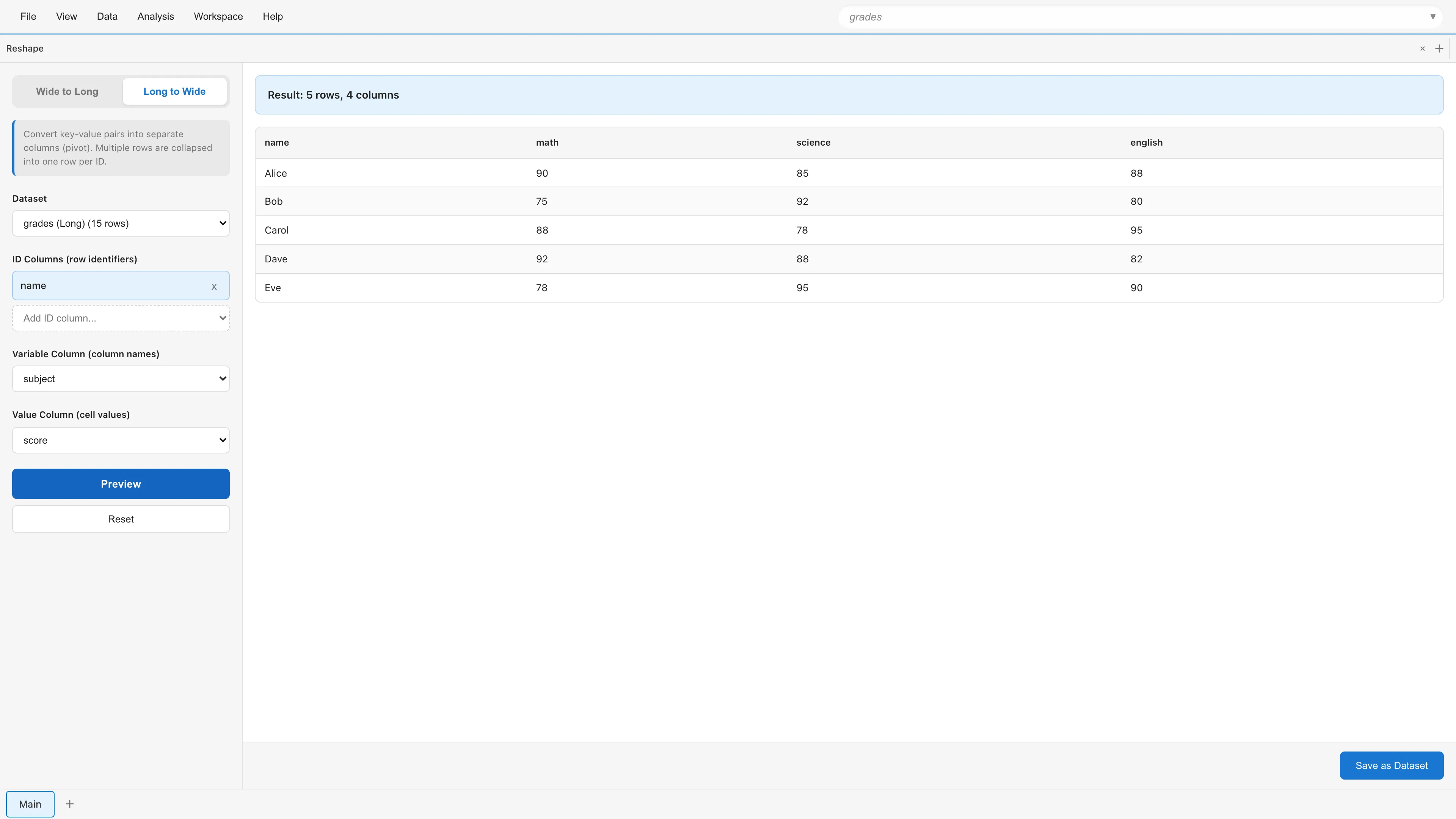 Long to Wide conversion preview