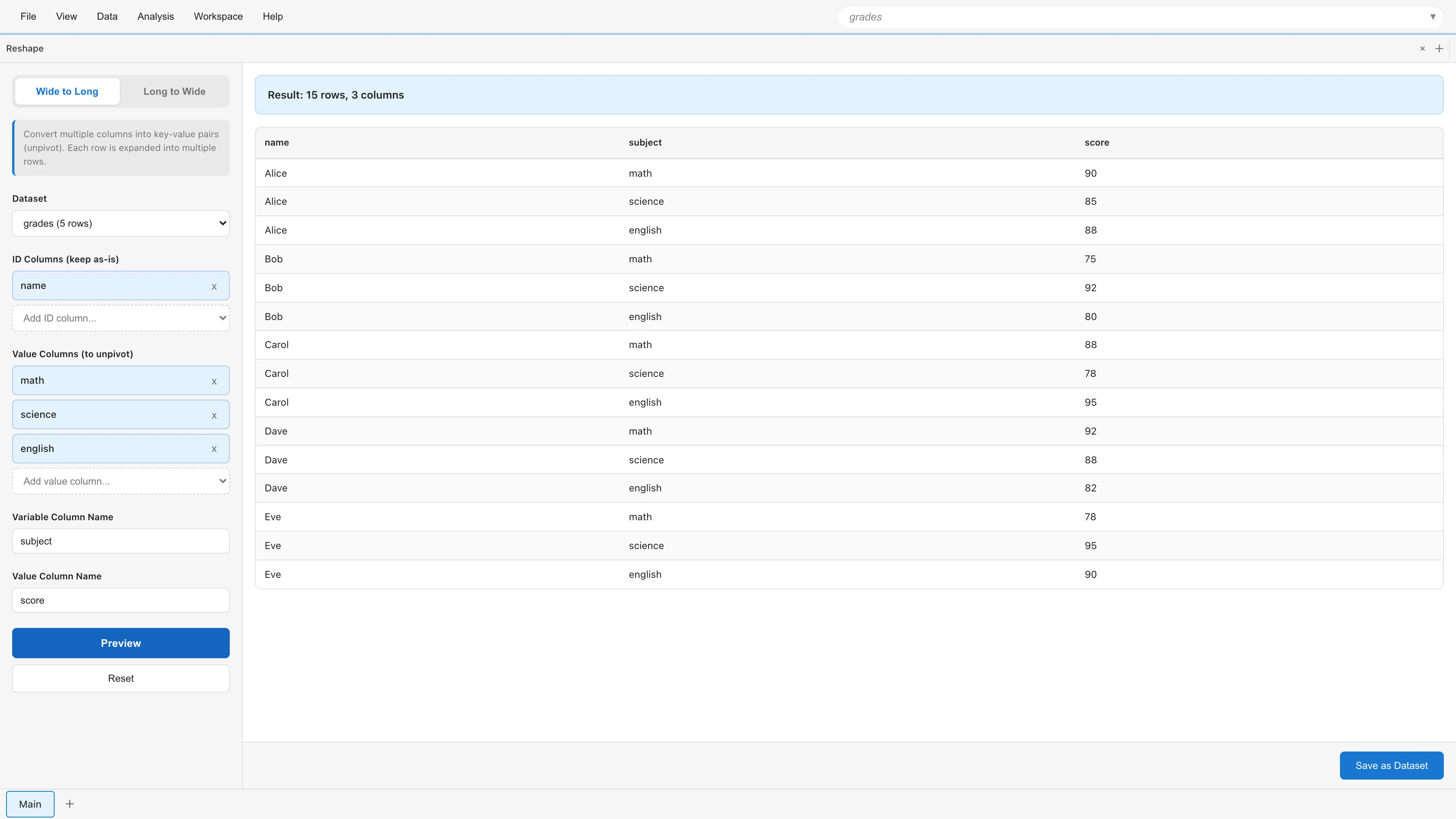 Wide to Long conversion preview