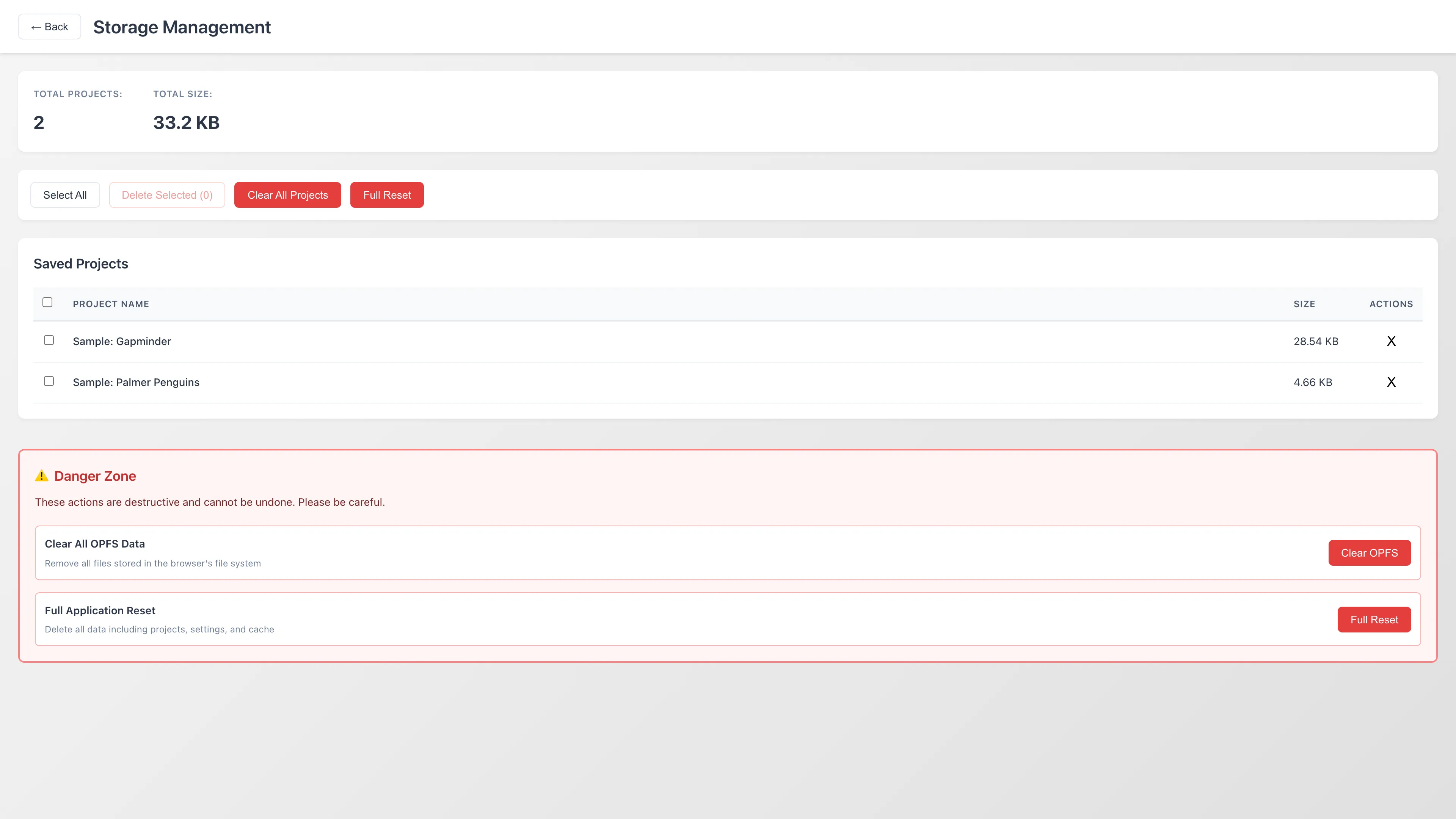 Storage Management 画面。上部にプロジェクト数と合計サイズのサマリー、中央にプロジェクト一覧テーブル、下部に Danger Zone が表示されている
