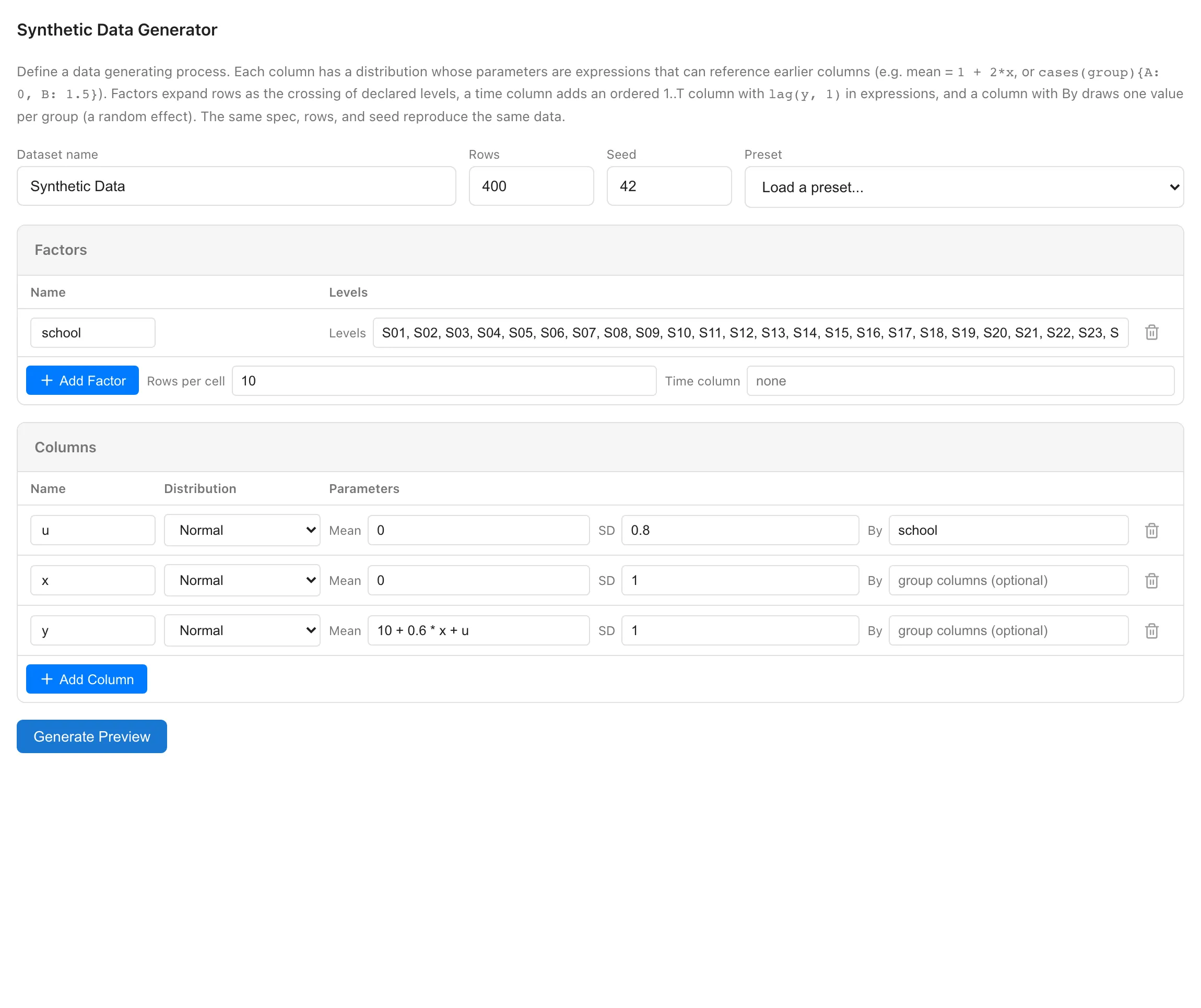 Synthetic Data Generator のフォーム