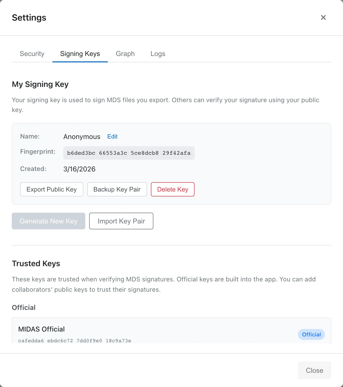 Signing Keys タブの画面