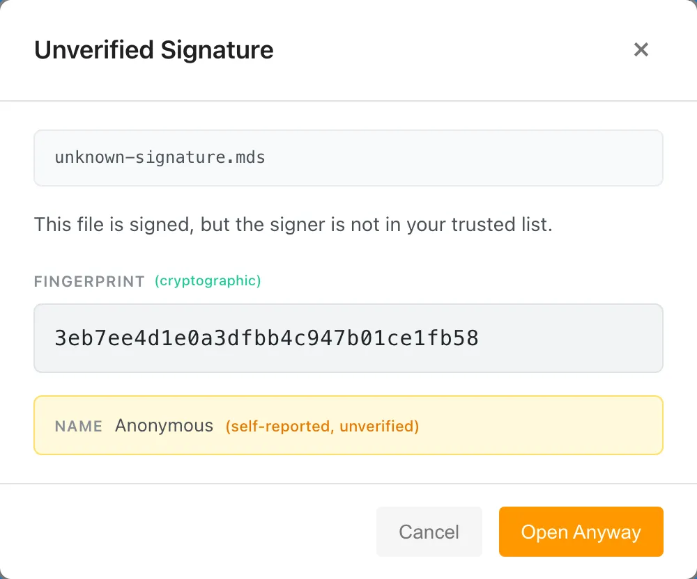 署名警告ダイアログ