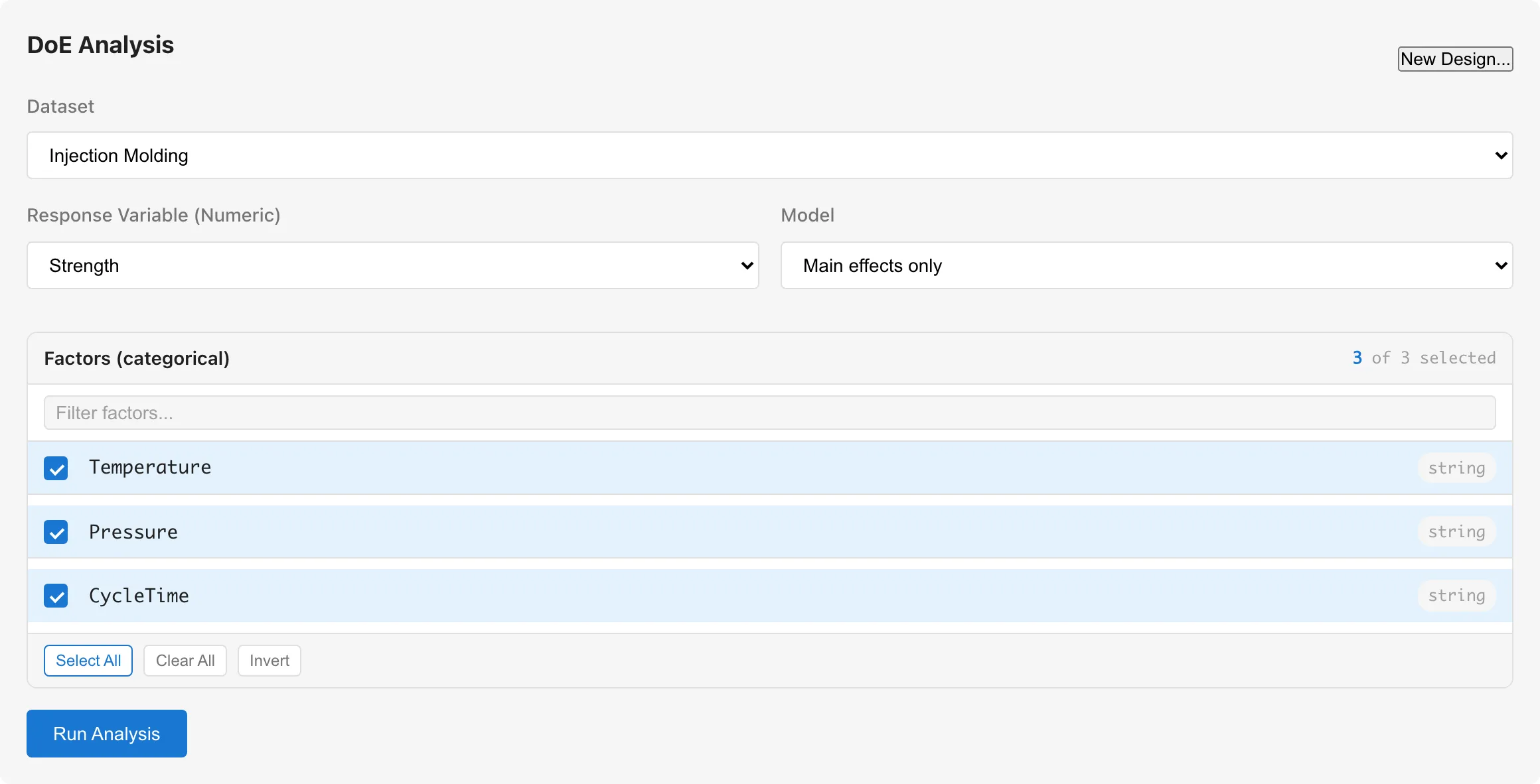 Settings form of the DoE Analysis tab
