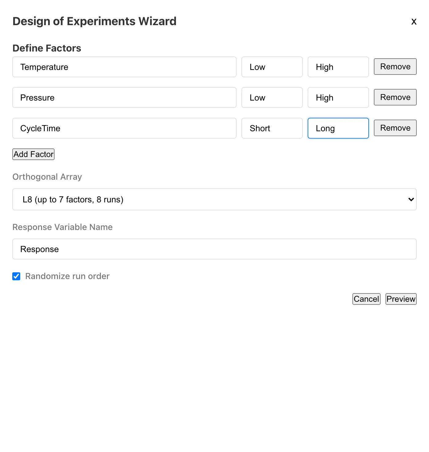 ウィザードの因子入力画面。3因子を入力し、L8 を選択した状態