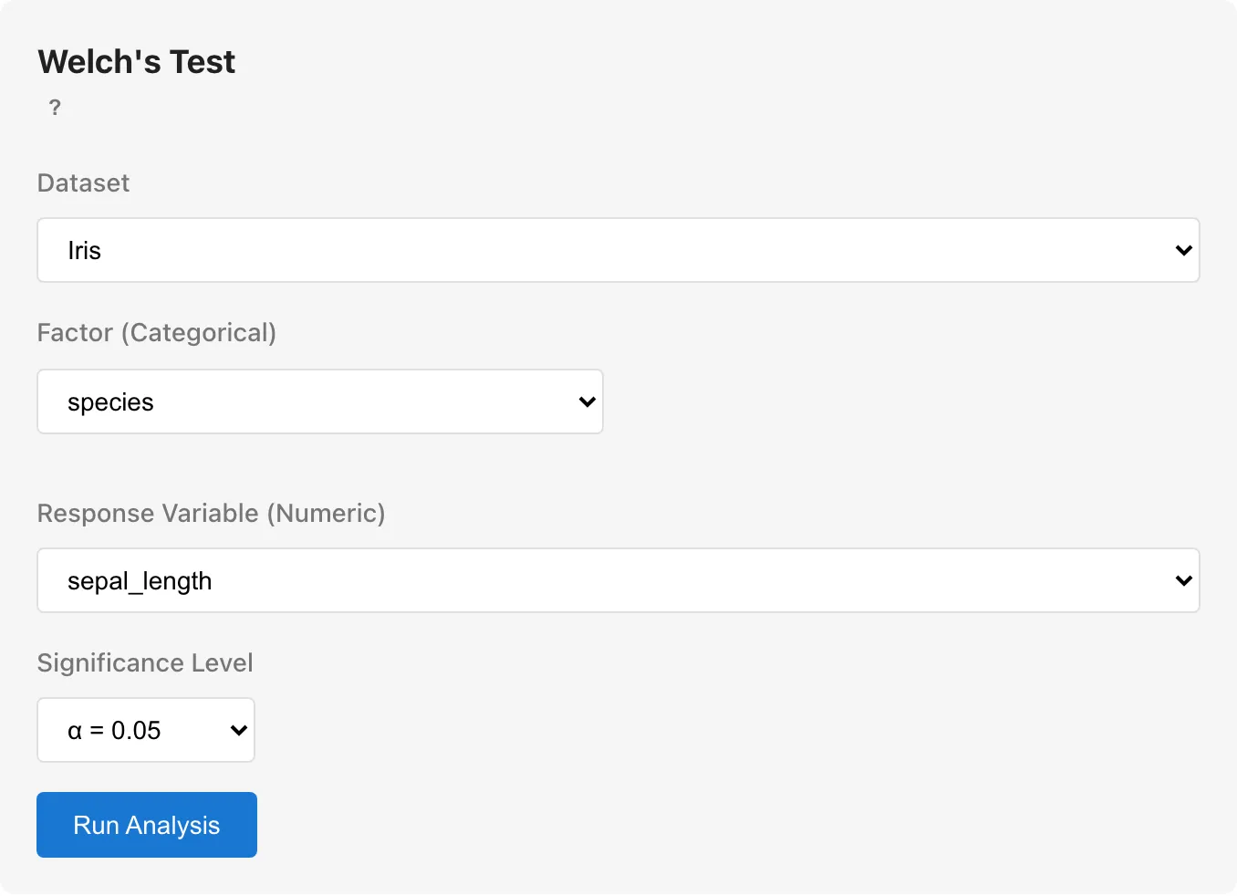 Welch's Test setup with Iris dataset, species x sepal_length
