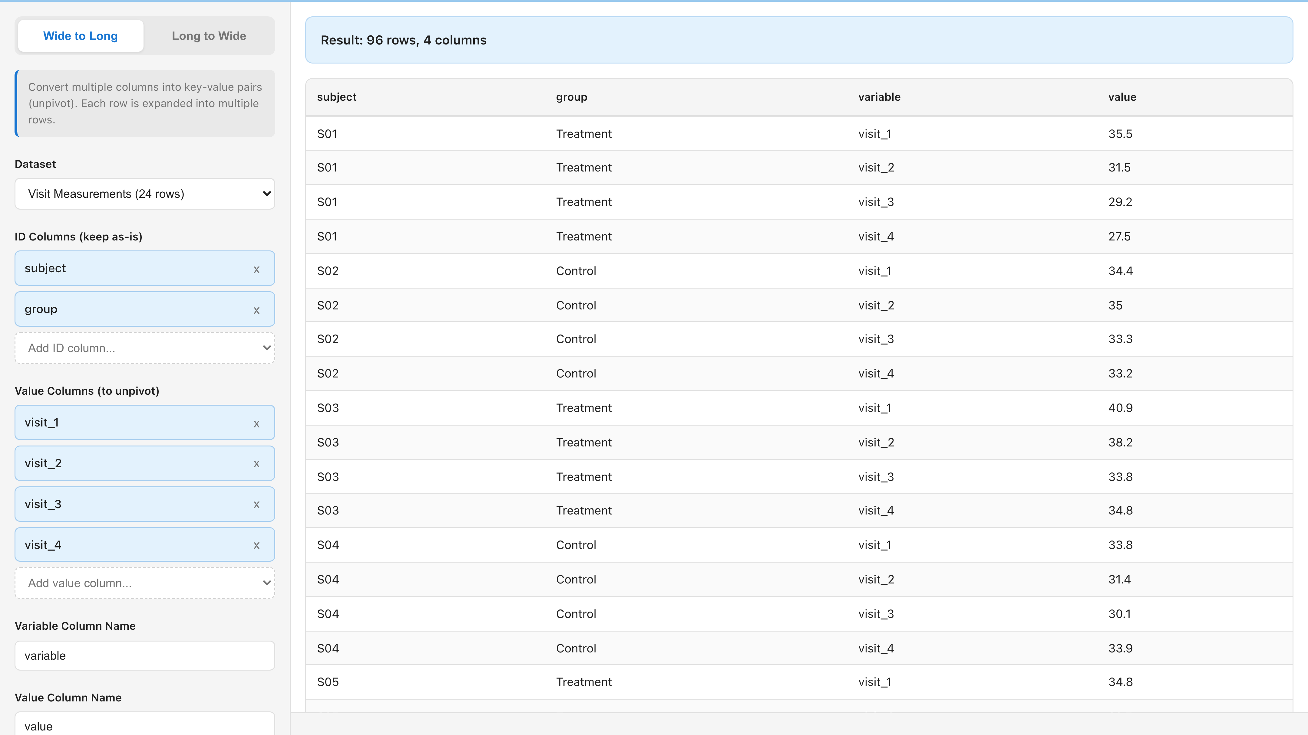 Reshape tab converting wide-format visit columns to long format with a preview