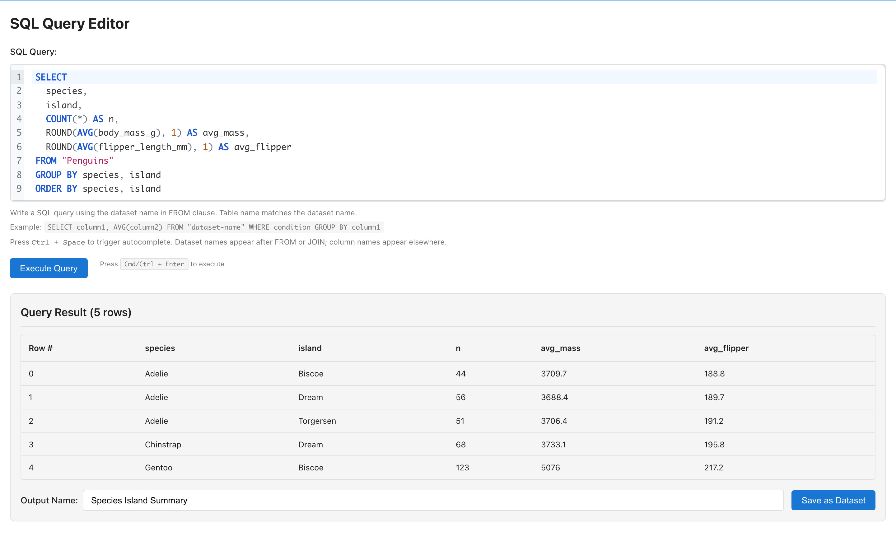 SQL editor with syntax-highlighted query and result table